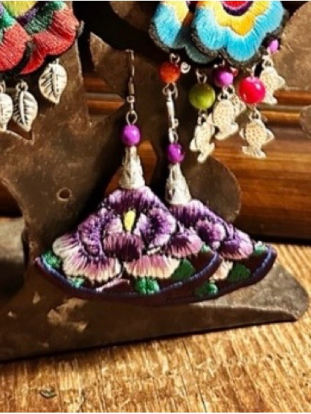 Purple Floral Embroidered Earrings on plum silk